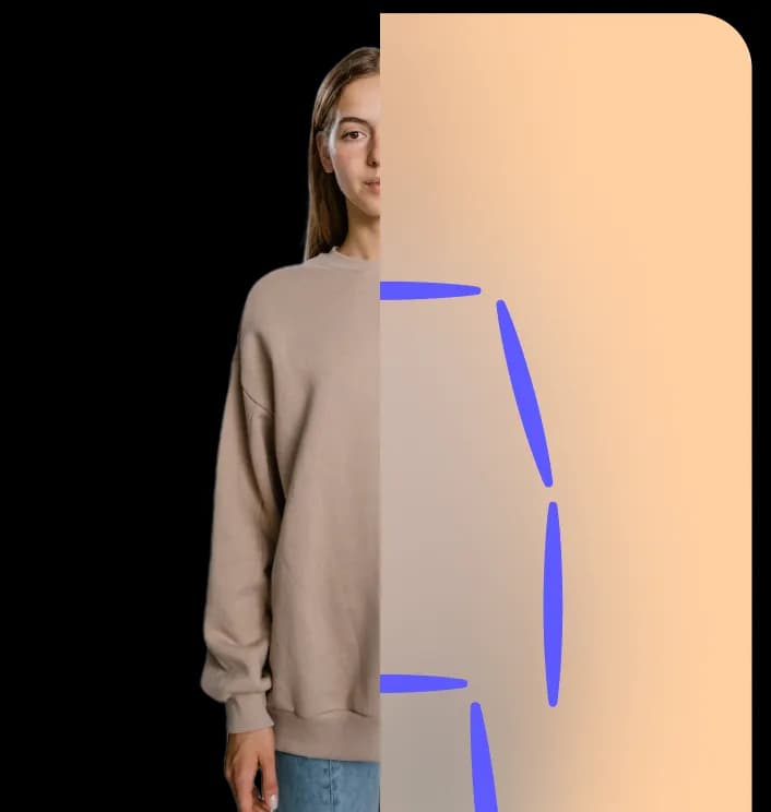 Young woman is halfway on the picture, her other half is invisible with blue motion lines