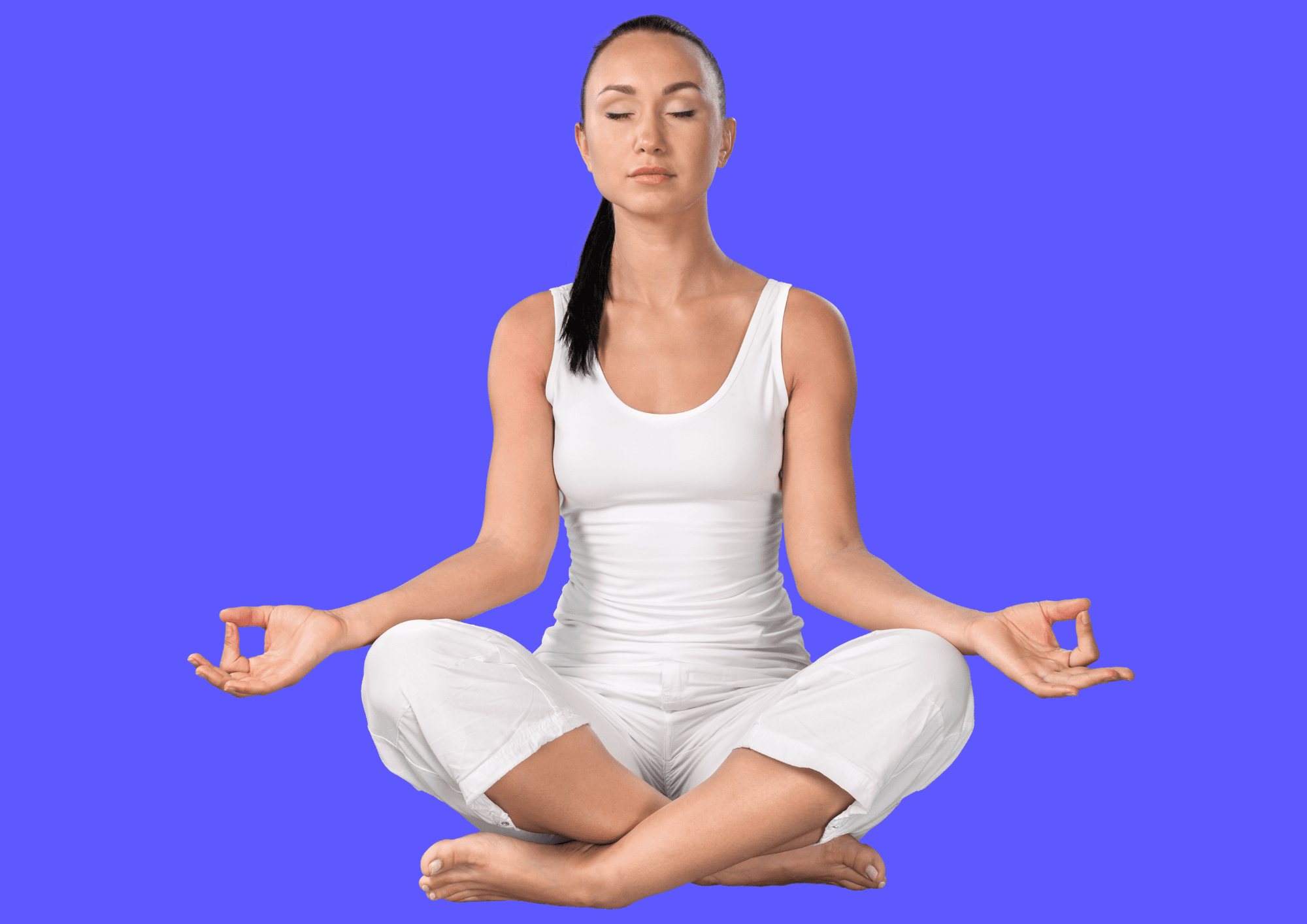 Woman in white sports clothes practices MBSR meditation.