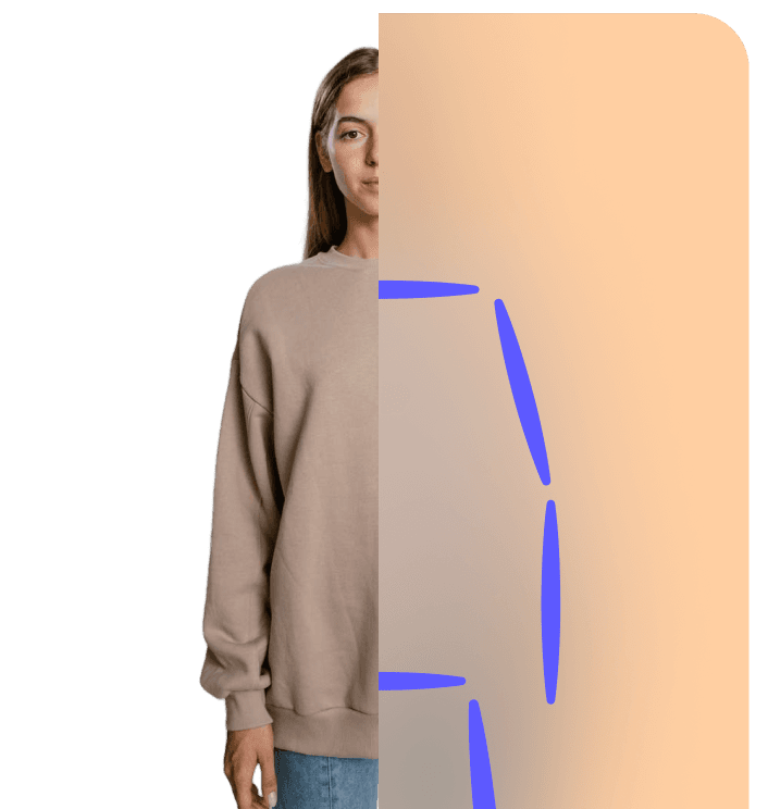 Young woman is halfway on the picture, her other half is invisible with blue motion lines