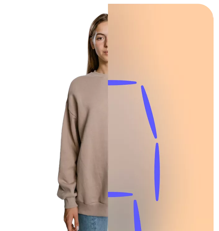 Young woman is halfway on the picture, her other half is invisible with blue motion lines